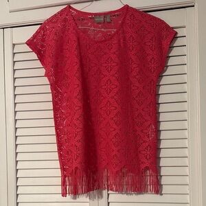Chico's Vibrant Red Coral Lace Fringe Blouse EUC